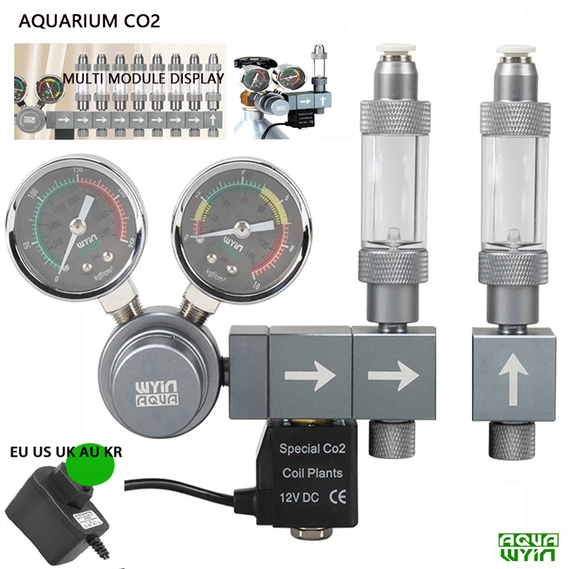 Aquarium Plant Nutrients - ตัวควบคุม CO2 สำหรับตู้ปลา พร้อมเกจวัดคู่ วาล์วโซลินอยด์ หัวต่อแบบเร็ว